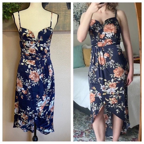 NWOT Lulus My Favorite Day Navy Blue Floral Print Tulip Skirt Midi Dress - Picture 9 of 13
